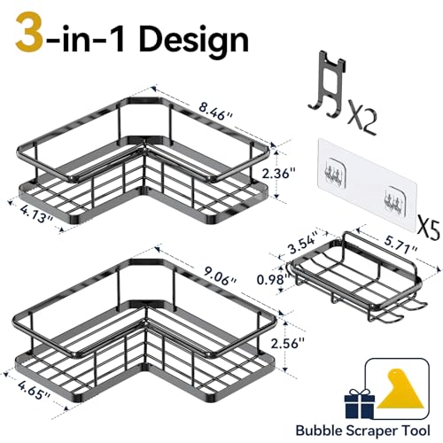 Corner Shower Caddy Adhesive, 100% Rustproof Shower Organizer with Soap Holder, No Drill Shower Shelf for Inside Shower, Wall-Mounted Shower Storage for Homes (3 Pack, Black)