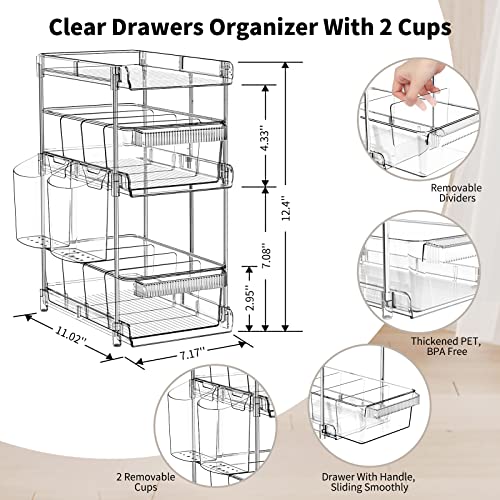 WAKISA 2Pcs Pull Out Organizer and Storage with Cups and Removable Dividers | Slide Out Drawer Storage Containers for Bathroom, Kitchen and Under-Sink Organization with 2 Cups and 6 Removable Dividers