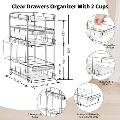 WAKISA 2Pcs Pull Out Organizer and Storage with Cups and Removable Dividers | Slide Out Drawer Storage Containers for Bathroom, Kitchen and Under-Sink Organization with 2 Cups and 6 Removable Dividers