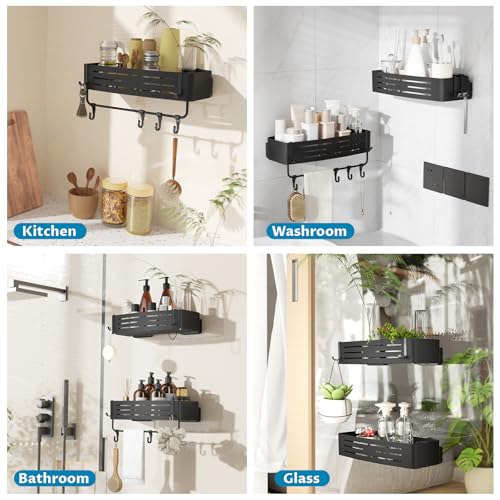 Onemake Suction Cup Shower Caddy, Shower Shelf, Bathroom Organizer, Black | No-drill Rustproof Aluminum Removable Caddy with Hooks, Wall Mounted Shower Organizer, Corner Shampoo Holder for Bathroom