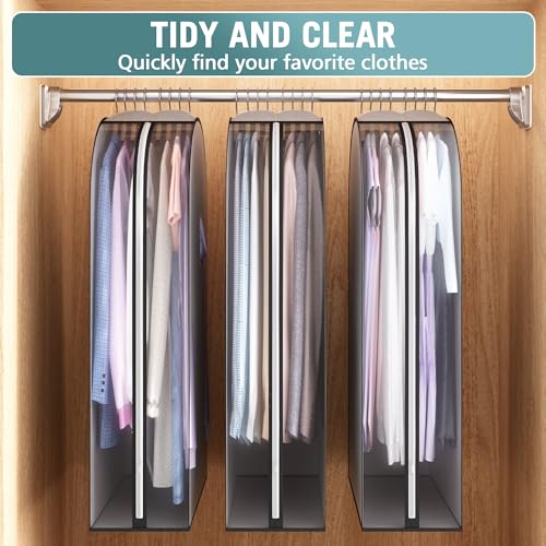Liuoud 10" Gusseted Garment Bags for Hanging Clothes 40" Suit Bags for Open Closet Storage, Side Clear Clothing Cover for Coat, Dress, Jacket, Shirt, Fur Wardrobe Protector, 3 Packs, Grey