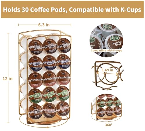 Tabletop K Cup Holder, Coffee Pod Stand Holder, K-Cups Capsule Storage Rack for 30 pods, 360 degrees rotatable, No Assembly Required, Gold