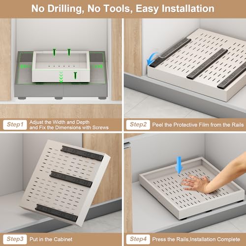 Pull out Cabinet Organizer,14"-21"W, 17"-24"D,Expandable,Adhesive | No Drill,3 Rails,Adjustable Slide out Drawers for Kitchen,Pantry,Roll out Shelves,for Cabinets Without Lip,Bathroom,White,1PC