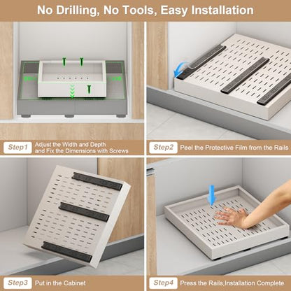 Pull out Cabinet Organizer,14"-21"W, 17"-24"D,Expandable,Adhesive | No Drill,3 Rails,Adjustable Slide out Drawers for Kitchen,Pantry,Roll out Shelves,for Cabinets Without Lip,Bathroom,White,1PC
