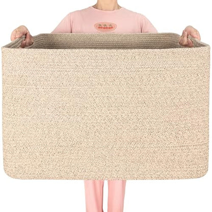 112L Extra Large Blanket Basket Holder Living Room, 25"x17"x16" Rectangle Rope Woven Storage Basket with Handles for Laundry, Towels, Shoes, Dog Toy Organizer Bin Box, Oatmeal Brown