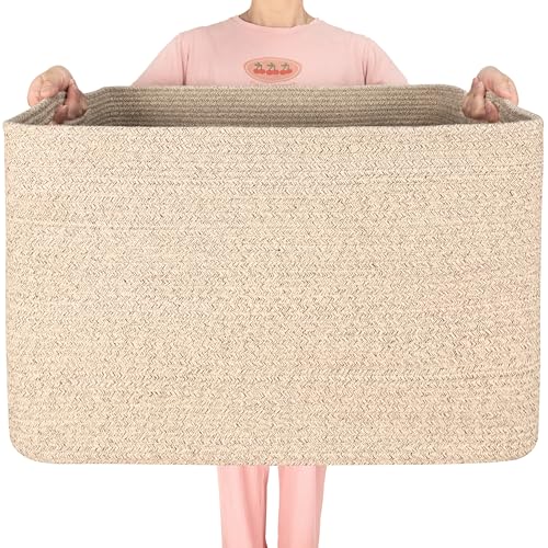 112L Extra Large Blanket Basket Holder Living Room, 25"x17"x16" Rectangle Rope Woven Storage Basket with Handles for Laundry, Towels, Shoes, Dog Toy Organizer Bin Box, Oatmeal Brown