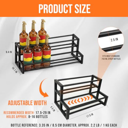 Large Expandable Coffee Syrup Organizer, Syrup Rack for 8-16 Bottles | 17.5 to 29 Inch Adjustable Width, Heavy-Duty Metal Syrup Stand, Countertop Coffee Bar Organizer for Kitchen, Cafe & Home Bar