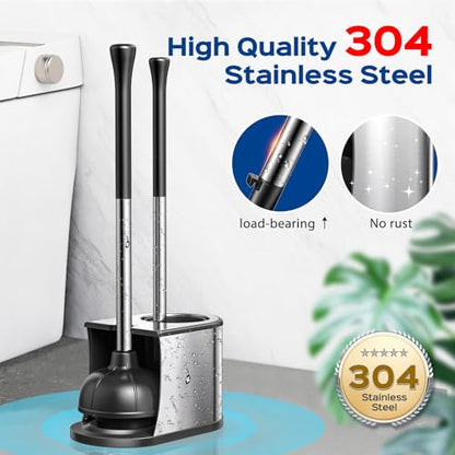 HAMITOR Toilet Plunger and Brush Set: Curved Bristles, 2-Pack | Stainless Steel, 2 in 1 Toilet Bowl Brush with Holder, Deep-Cleaning, Heavy Duty Unclogger for Household & Hotel