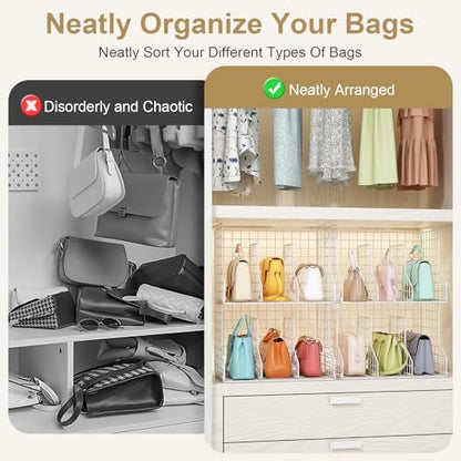 Purse Organizer for Closet:Adjustable 2-Pack Dividers Purse Organizer-Stackable Wire Handbags Storage Baskets-Open Cabinets Wallets Tote Chain Bags Clutches-White