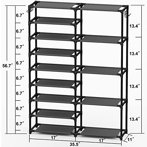 CSXGBAB Tall Garage Shoe Rack Large Capacity,Two Rows Versatile Hooks Storage Boot Shelf Black 24-35 Pairs