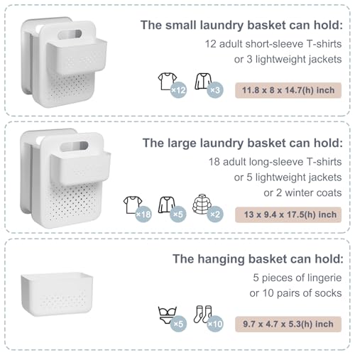 Small Collapsible Laundry Basket, Space-Saving Wall-Mounted Hamper with Detachable Mini-Basket, Portable Hanging Organizer for Clothes, Underwear Socks. (White)