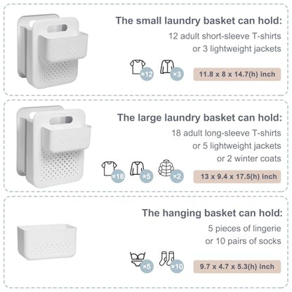 Small Collapsible Laundry Basket, Space-Saving Wall-Mounted Hamper with Detachable Mini-Basket, Portable Hanging Organizer for Clothes, Underwear Socks. (White)