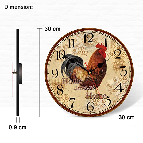 TAHEAT 12 Inch Rooster Wall Clock, Home Sweet Home Farmhouse Decor, Red Vintage Chicken Battery Operated Wall Clocks for Kitchen/Bedroom/Dining Room/Office