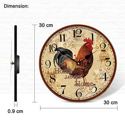 TAHEAT 12 Inch Rooster Wall Clock, Home Sweet Home Farmhouse Decor, Red Vintage Chicken Battery Operated Wall Clocks for Kitchen/Bedroom/Dining Room/Office