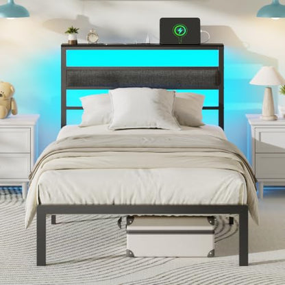 Twin Bed Frames, Upholstered Headboard and Storage Shelf, Black | led lights, under-bed storage, no box spring, easy assembly, sturdy steel frame, USB+Type-C+AC ports, app & remote control