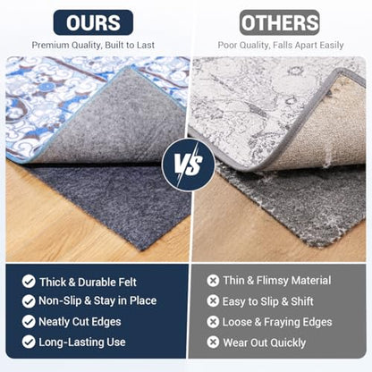 Non Slip Rug Pad 8x10 Ft, 1/8 Inch Thin Felt & Rubber Backing, Non Skid Rug Gripper for Hardwood Floors, Anti-Slip Carpet Pad for Area Rugs, Floor Protection, Moisture Resistant & Easy Trim