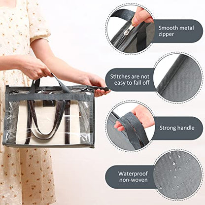 Shappy 15 Pcs Purse Dust Bag for Storage Handbags, 3 Sizes Storage Clear Cover Organizer for Closet Purses Dust Bags with Zipper and Handles Dorm Room Handbags, 5 Each Size(Gray)
