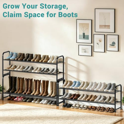 AOODA Long 2 Tier Shoe Rack for Closet Metal Wide Stackable Shoe Storage Organizer for Entryway, Bedroom, Floor, 18-Pairs Low Shoe Shelf, Black