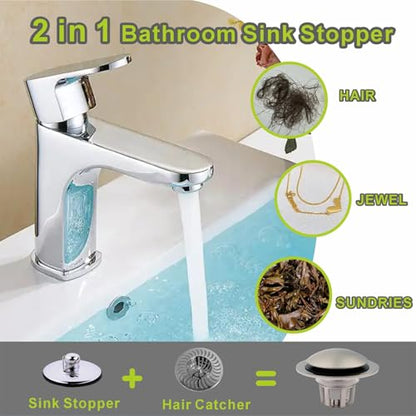 Pop Up Sink Drain Stopper Hair Catcher - Brushed Nickel 2 Pack | Universal bathroom， Fits 1-1/8 & 1-1/2 drains， Rust resistant brass， Waste plug drain replacement， Tool free quick odor stop.