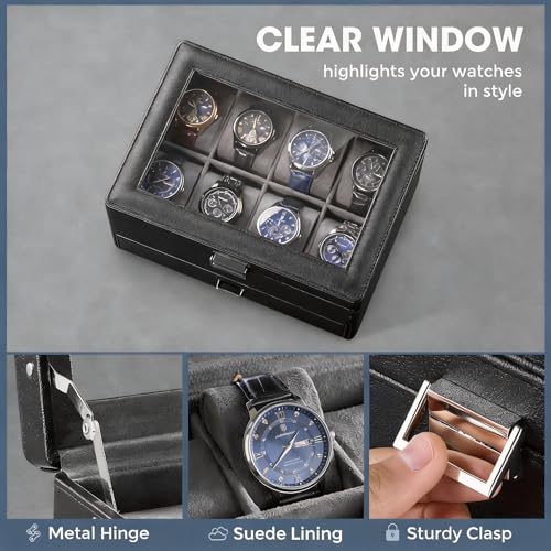 ProCase Premium Watch Box for Men, Jewelry Organizer Box with Drawer, Display Storage Case with Glass Lid -Black, 8 Slot