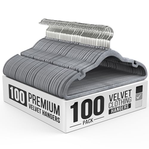 100 Pack Velvet Hanger for Shirt Pants Dresses Skirts Suits Jackets - Slim Space Saving Design - Standard Coat Hanger - Sturdy & Durable Design with Shoulder Grooves Hook