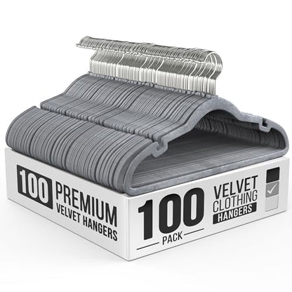100 Pack Velvet Hanger for Shirt Pants Dresses Skirts Suits Jackets - Slim Space Saving Design - Standard Coat Hanger - Sturdy & Durable Design with Shoulder Grooves Hook