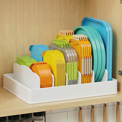 Lifewit Kitchen Cabinet Organizer for Food Contanier Lid with 7 Sections | Lid Holder with 6 Adjustable Dividers for Pantry Organizers and Storage, Home Drawer Organization, White, Large, 13" x 10"