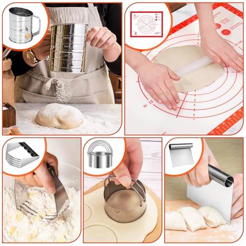 9PCS Stainless Steel Pastry Blender Set, 3 Cup Flour Sifter, Biscuit Cutter, Pastry Cutter, Dough Cutter, Silicone Baking Mats, for Cooking Cookies and Donuts, Cakes, Biscuits or Making Pancakes