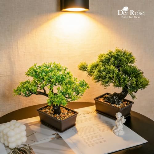 Der Rose 2Pcs Paired Fake Bonsai Tree Set Fake Plants for Shelf Desk Decor | 8" artificial bonsai tree set with varied canopies and pebble bases; paired display adds balance to home japanese asian decor