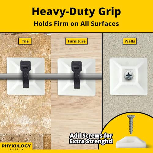 Large, Premium Zip Tie Adhesive-Backed Mounts 100 Pk by Phyxology Supply. Pro-Grade, UV White Cable Tie Bases: 1.1 in x 1.1 in. Screw-Hole Anchor Point Gives High-Strength Durability for Long-Term Use