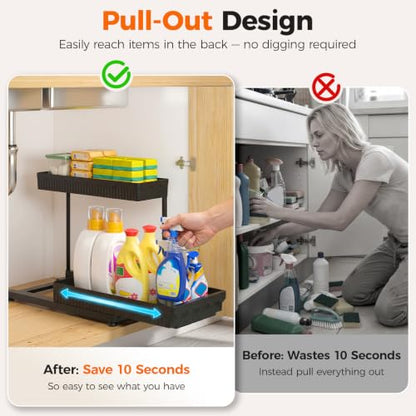 3-Pack 2-Tier L-Shaped Under Sink Organizers with Sliding Drawers | Multi-use kitchen & bathroom storage, 12.85 inch black cabinet organizer, space-saving sliding drawer design.