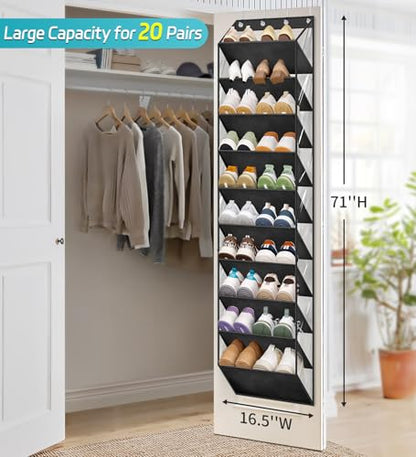10 Tier Clear Over the Door Shoe Organizer Storage, Deep Pockets Large Hanging Shoe Rack for Closet Door, Fit 20 Pairs Shoe Holder Hanger for Sneakers, Boots (Black)