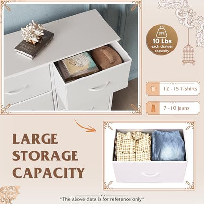 WLIVE Dresser for Bedroom with 6 Drawers, White | Closet Dresser, Metal Frame, Wooden Top, Fabric Dresser for Closet, Living Room, Hallway