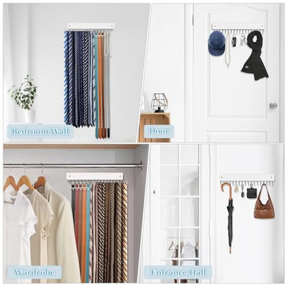 Tie Rack Belt Hanger Wall Mounted Tie Organizer White 2 Pack | Wooden Tie Hangers, 180° Swivel with 18 Hooks, Non Slip, Wrinkle-Free, Easy Access, Space Saving Holder for Tie Belts Scarves