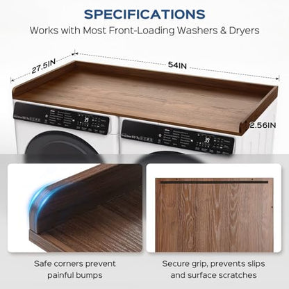 Fivesun Washer Dryer Countertop, 27.5" x 54“ Wood Washer and Dryer Countertop with Edge Rails for Laundry Room Organization and Storage, Dark Walnut