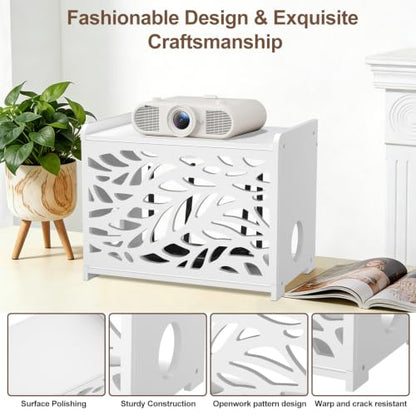 Router Box Hider & Projector Shelf -Decorative WiFi Router Storage Cabinet | Ventilation Cable Management Box Modem & Power Strip Hider Rack Leaf Pattern Cutout, Fits Routers Up to 9.84" Tall (White）