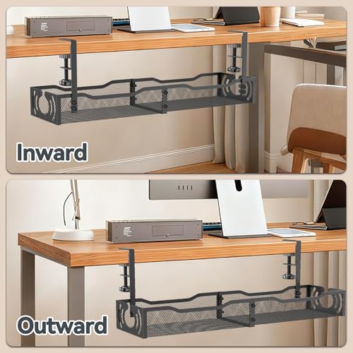 Cable Management, 25.3'' Under Desk Cable Management Tray No Drill | Metal Cable Organizer with Clamp for Wire Management, Cord Organizer for Home Office, Desk Accessories Organizer, Black