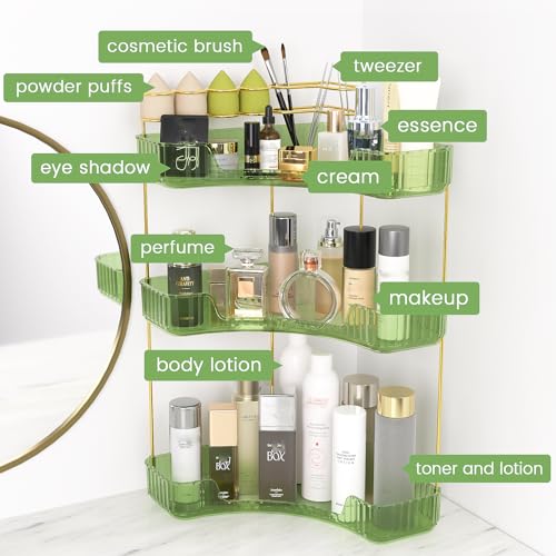Makeup Organizer 3 Tier Bathroom Counter Organizer with Makeup Brush Holder | Corner Bathroom Organizer Countertop, Acrylic Counter Storage for Bathroom Dresser, Skincare Perfume Organizer- Green