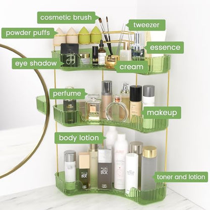 Makeup Organizer 3 Tier Bathroom Counter Organizer with Makeup Brush Holder | Corner Bathroom Organizer Countertop, Acrylic Counter Storage for Bathroom Dresser, Skincare Perfume Organizer- Green