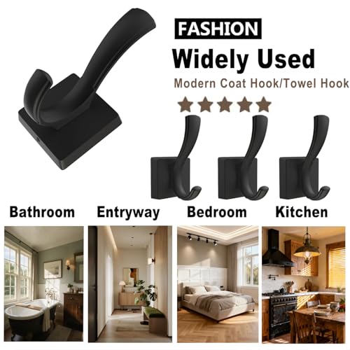TOFIIGREM Black Towel Hooks, Coat Robe Hooks Bathroom Entryway Mudroom Pool Hooks for Wall Mount Hanging Towels Bathrobe Key Hat Backpack (2 Pack, Black)