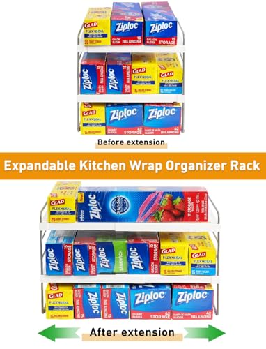 JUPELI Foil and Plastic Wrap Organizer, Expandable Kitchen Pantry Storage, Height Adjustable Cabinet Rack for Kitchen Organization, Aluminum Foil -3 Tier 9.8" to 15.6"L