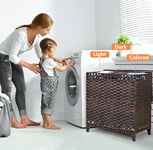 Laundry Hamper with 3 Removable Liner Bags, 132L Laundry Sorter with Lid | Raised Feet; Side Carry Handles; Handwoven PP Rattan; Rust-Resistant Iron Frame; Decorative Woven Design