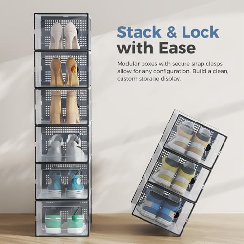 DUMOS Shoe Storage Boxes, 12-Pack Stackable Clear Shoe Containers with Lids, Display Sneaker Case Organizer for Closet, Under Bed, Entryway, Black, Fit Size 11