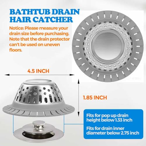 Drain Hair Catcher - Bathtub Drain Cover, Hair Stopper for Bathtub Drain, 304 Stainless Steel Drain Protector and Hair Trap for Flat & Pop-up Drains, Silver Gray