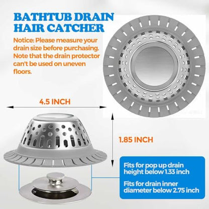 Drain Hair Catcher - Bathtub Drain Cover, Hair Stopper for Bathtub Drain, 304 Stainless Steel Drain Protector and Hair Trap for Flat & Pop-up Drains, Silver Gray