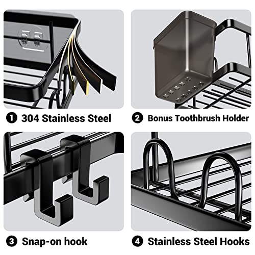AKTECKE Corner Shower Caddy, 2 Pack Adhesive Shower Corner Organizer Shelves, No Drilling Stainless Steel Shower Storage Rack with Hooks&Toothpaste Holder for Bathroom Kitchen （for 90° Corners Only）