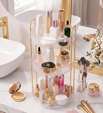 Aveniee 3-Tier 360° Rotating Makeup Organizer, Clear Spinning Perfume Cosmetic Storage for Vanity Countertop, Sturdy Metal Pole Skincare Holder Stand for Bathroom Dresser, White
