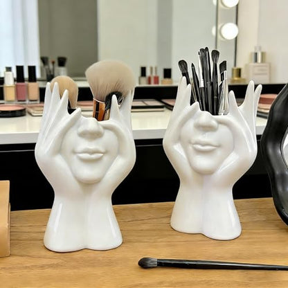 Decorative Face Makeup Brush Holder, White Ceramic Sculpture Design, 7x4.7 Inch, Cosmetic Organizer for Vanity
