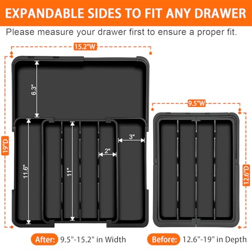 Silverware Organizer - Expandable Kitchen Drawer Organizer, Utensil Drawer Organizer, Adjustable Plastic Flatware and Cutlery Holder, Kitchen Organizers Storage for Forks Knives, Black