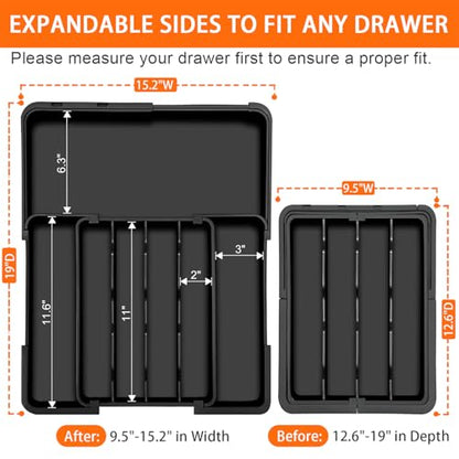 Silverware Organizer - Expandable Kitchen Drawer Organizer, Utensil Drawer Organizer, Adjustable Plastic Flatware and Cutlery Holder, Kitchen Organizers Storage for Forks Knives, Black